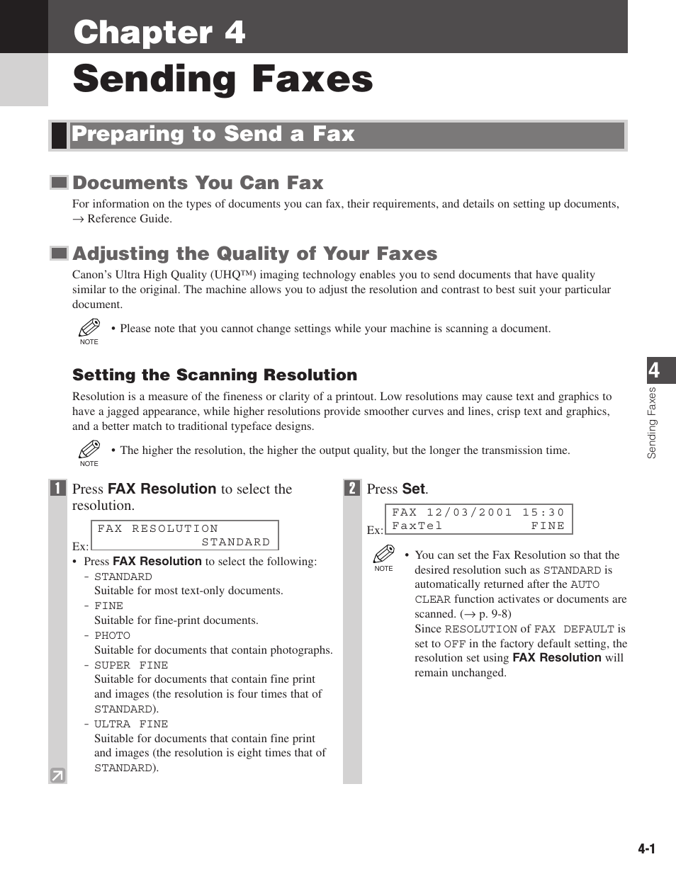 Sending faxes, Chapter 4, Preparing to send a fax | Documents you can fax, Adjusting the quality of your faxes | Canon ImageCLASS D680 User Manual | Page 38 / 94