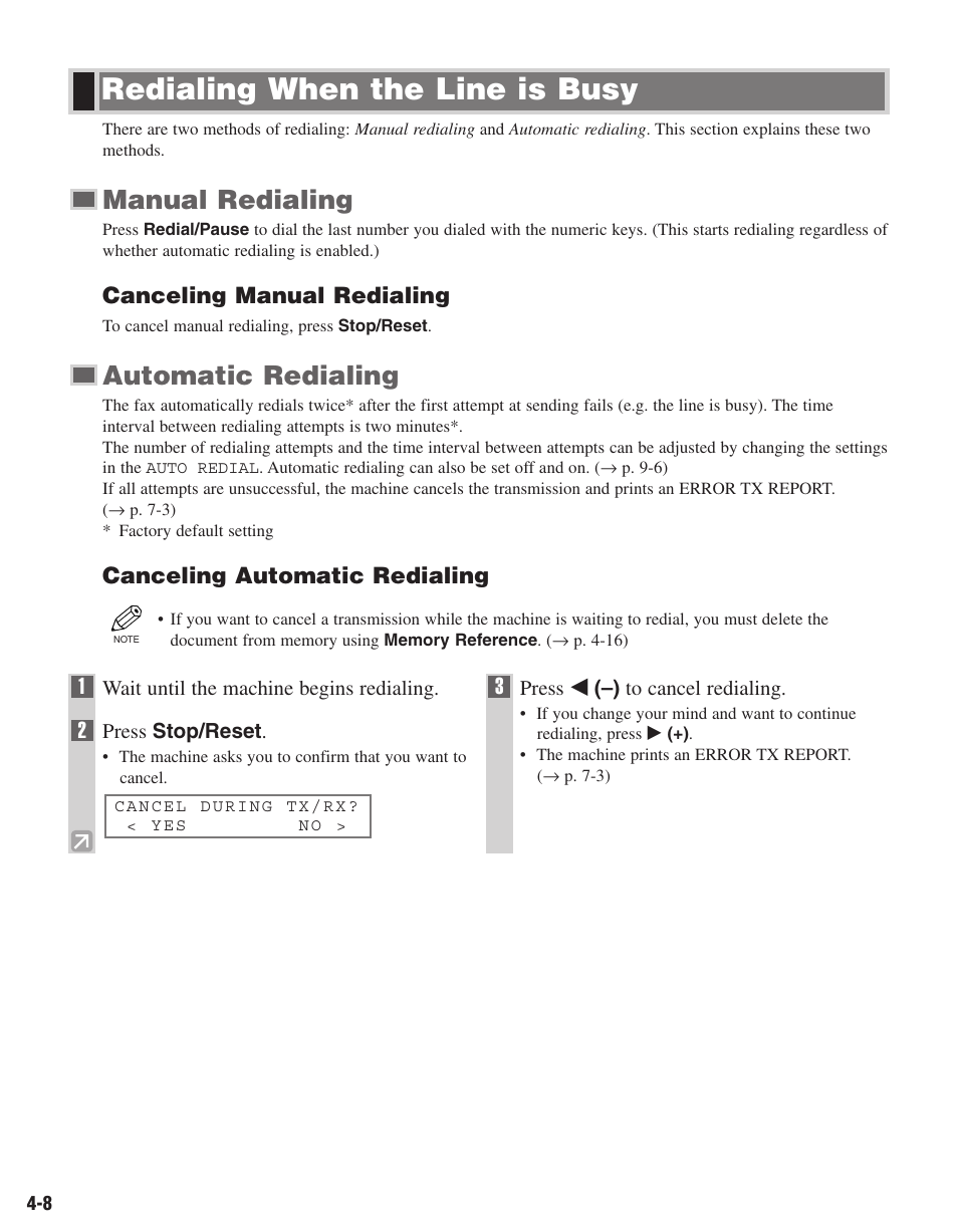 Redialing when the line is busy, Manual redialing, Automatic redialing | Canceling manual redialing, Canceling automatic redialing | Canon ImageCLASS D680 User Manual | Page 45 / 94