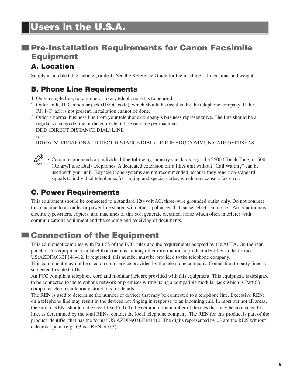 Users in the u.s.a, Connection of the equipment | Canon ImageCLASS D680 User Manual | Page 6 / 94