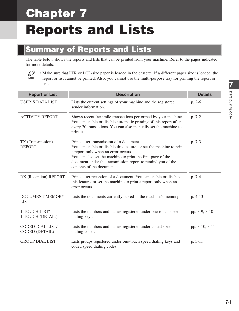 Reports and lists, Chapter 7, Summary of reports and lists | Canon ImageCLASS D680 User Manual | Page 66 / 94