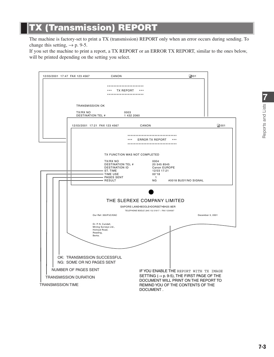 Tx (transmission) report 7, The slerexe company limited, Repor ts and lists | Canon ImageCLASS D680 User Manual | Page 68 / 94