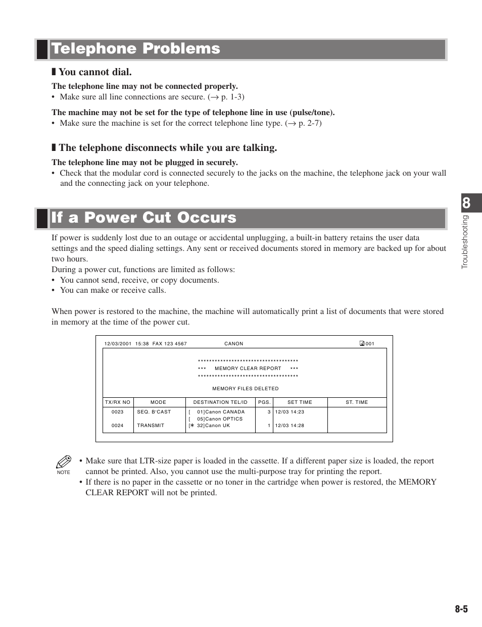 If a power cut occurs telephone problems, You cannot dial, The telephone disconnects while you are talking | Canon ImageCLASS D680 User Manual | Page 74 / 94