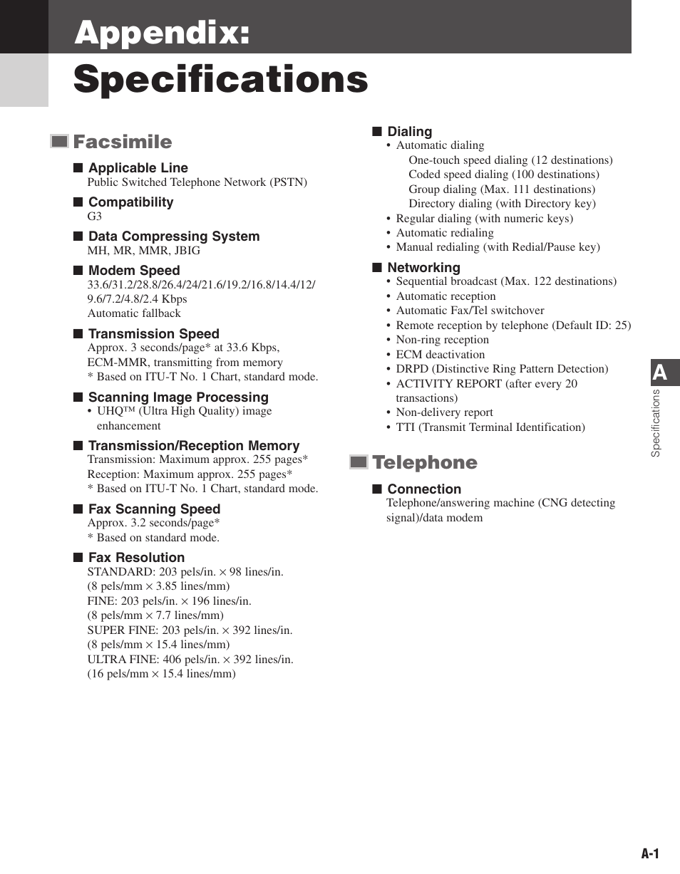 Specifications, Appendix, Facsimile | Telephone | Canon ImageCLASS D680 User Manual | Page 86 / 94