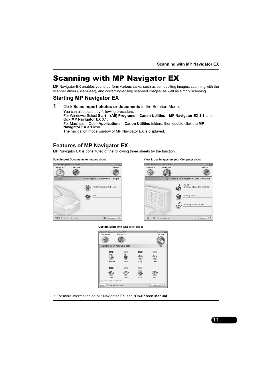 Scanning with mp navigator ex, Starting mp navigator ex, Features of mp navigator ex | Canon CANOSCAN 9000F User Manual | Page 13 / 19