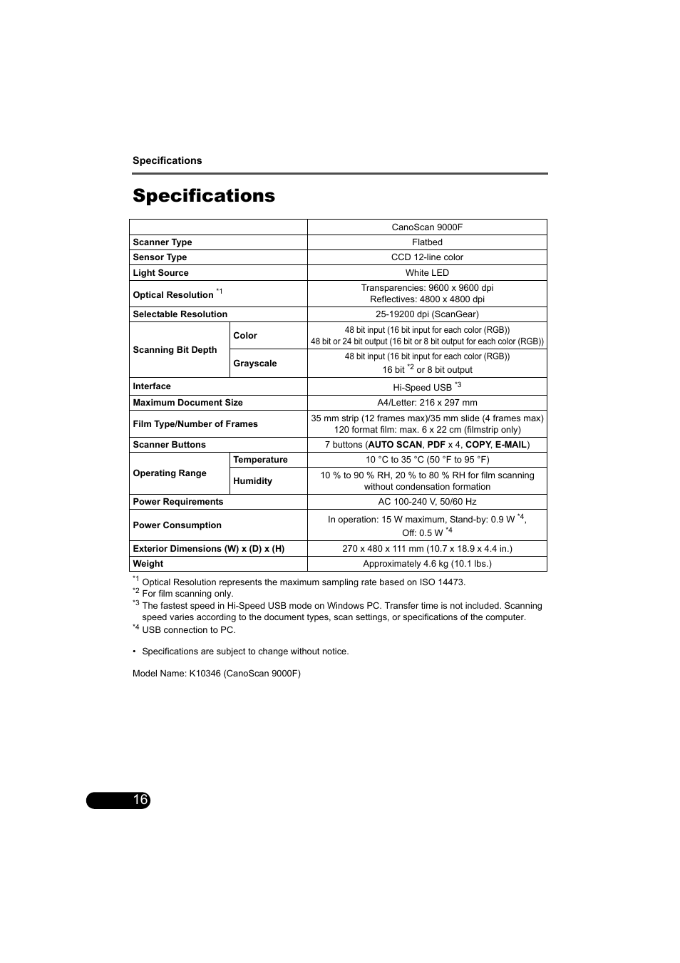 Specifications | Canon CANOSCAN 9000F User Manual | Page 18 / 19