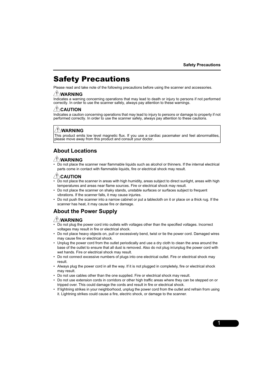 Safety precautions, About locations, About the power supply | Canon CANOSCAN 9000F User Manual | Page 3 / 19