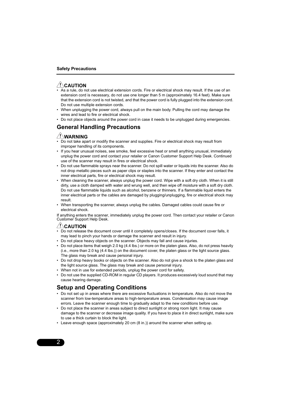 General handling precautions, Setup and operating conditions | Canon CANOSCAN 9000F User Manual | Page 4 / 19