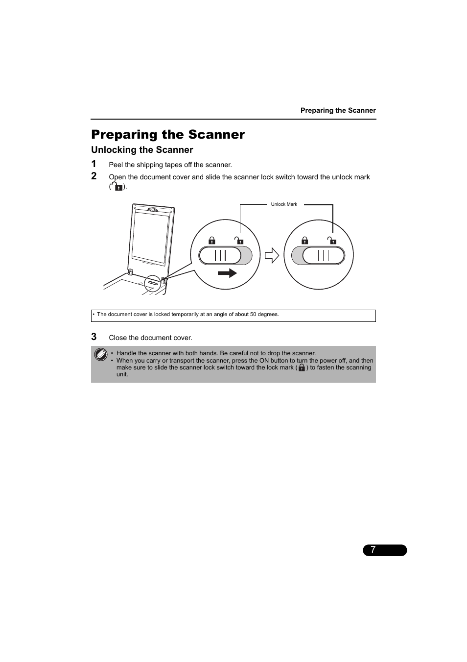 Preparing the scanner, Unlocking the scanner | Canon CANOSCAN 9000F User Manual | Page 9 / 19