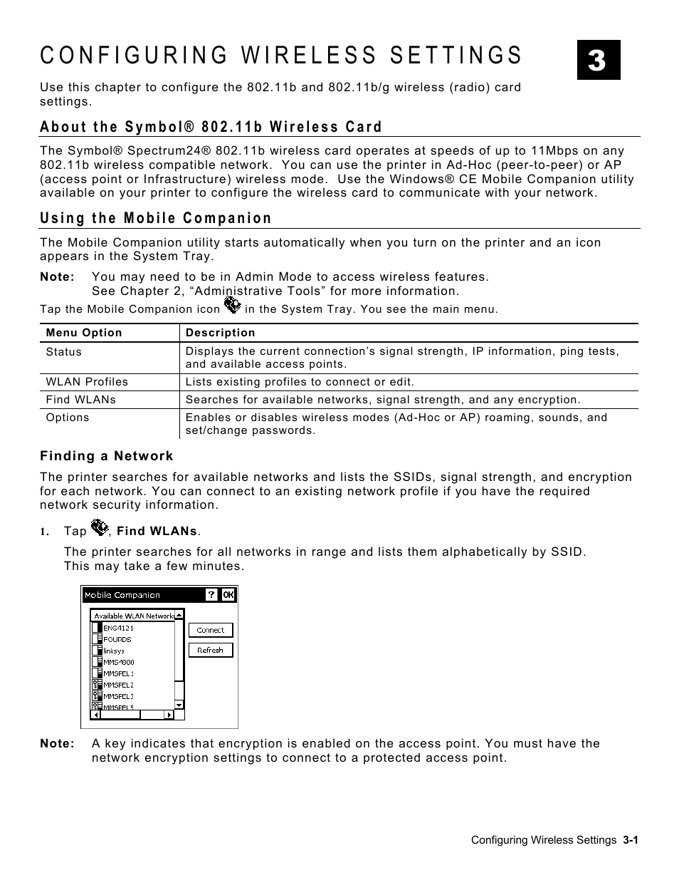 Configuring wireless settings, About the symbol® 802.11b wireless card, Using the mobile companion | Finding a network, Configuring wireless settings -1, About the symbol® 802.11b wireless card -1, Using the mobile companion -1, Finding a network -1 | Avery Dennison Platinum 6039 System Administrator Guide User Manual | Page 11 / 48