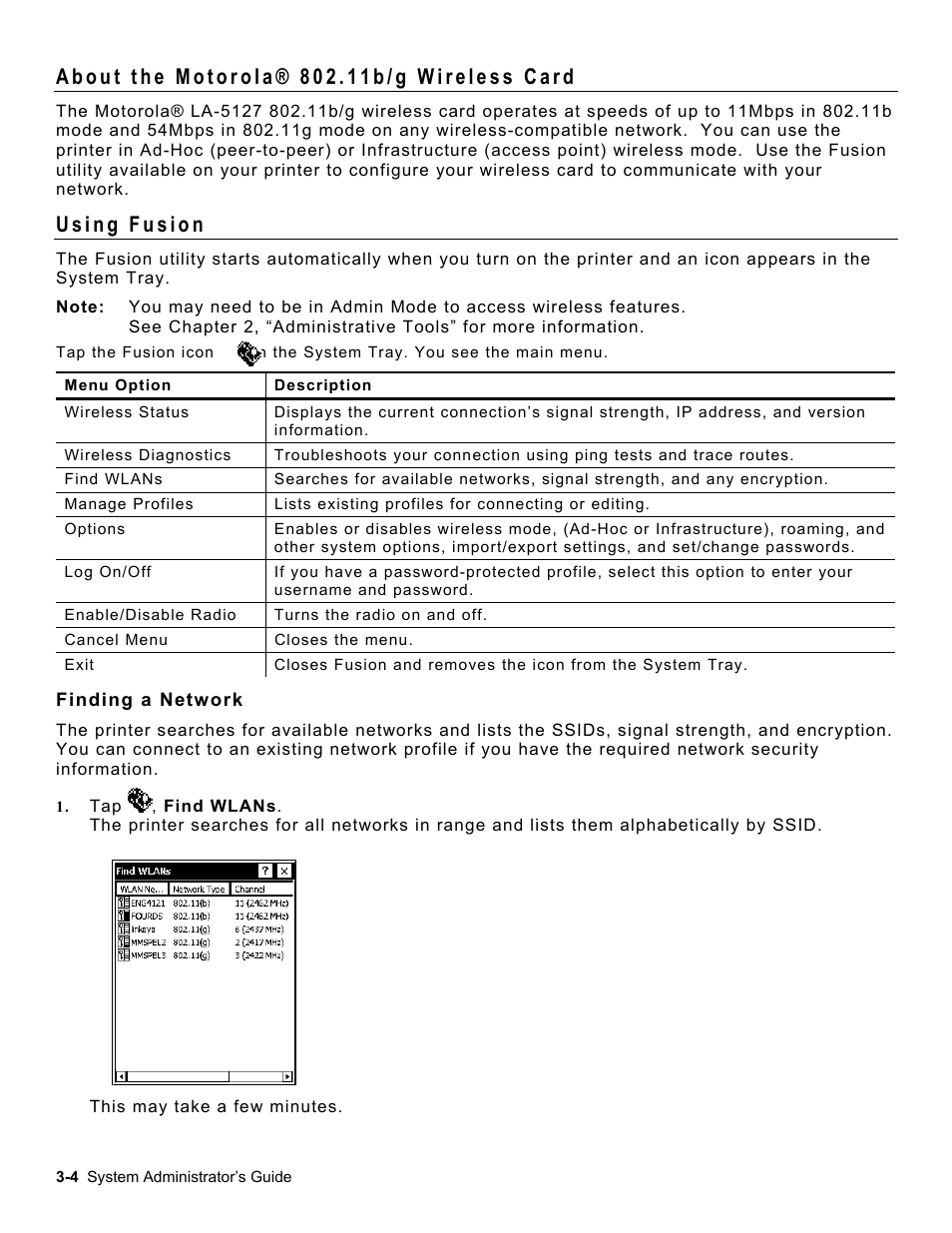 About the motorola® 802.11b/g wireless card, Using fusion, Finding a network | About the motorola® 802.11b/g wireless card -4, Using fusion -4, Finding a network -4 | Avery Dennison Platinum 6039 System Administrator Guide User Manual | Page 14 / 48