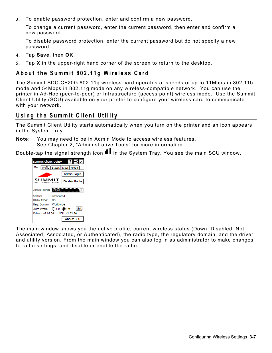 About the summit 802.11g wireless card, Using the summit client utility, About the summit 802.11g wireless card -7 | Using the summit client utility -7 | Avery Dennison Platinum 6039 System Administrator Guide User Manual | Page 17 / 48