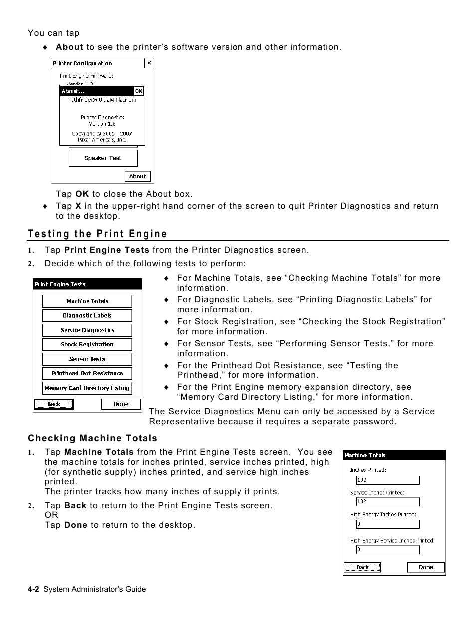 Testing the print engine, Checking machine totals, Testing the print engine -2 | Checking machine totals -2 | Avery Dennison Platinum 6039 System Administrator Guide User Manual | Page 24 / 48