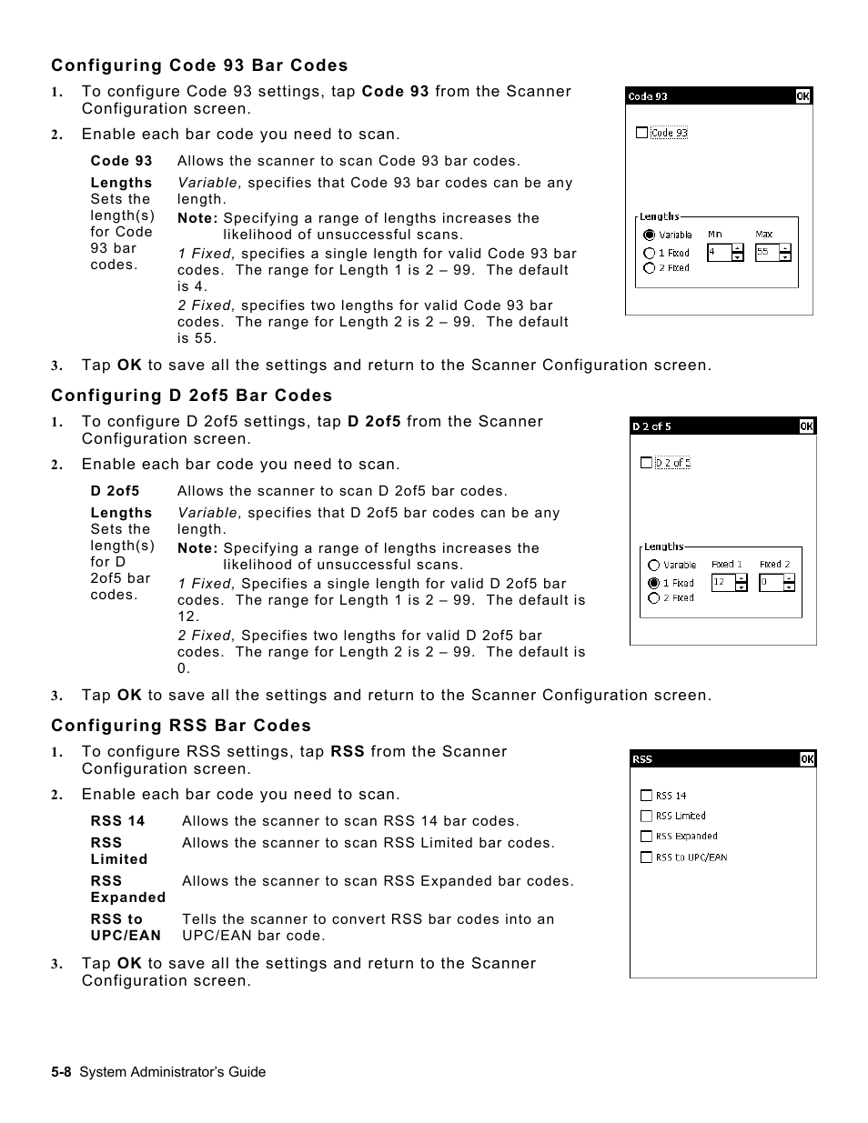 Configuring code 93 bar codes, Configuring d 2of5 bar codes, Configuring rss bar codes | Configuring code 93 bar codes -8, Configuring d 2of5 bar codes -8, Configuring rss bar codes -8 | Avery Dennison Platinum 6039 System Administrator Guide User Manual | Page 40 / 48