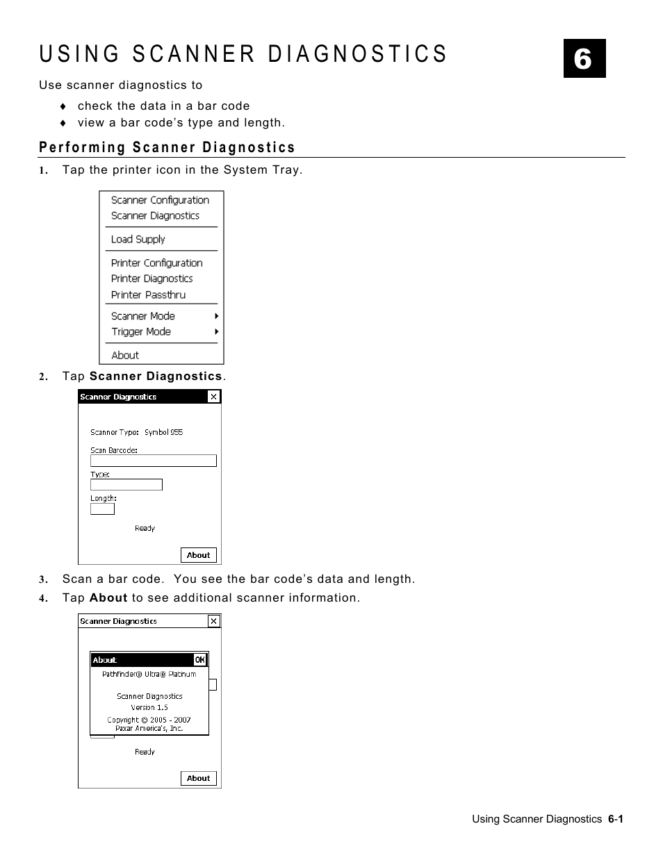 Using scanner diagnostics, Performing scanner diagnostics, Using scanner diagnostics -1 | Performing scanner diagnostics -1 | Avery Dennison Platinum 6039 System Administrator Guide User Manual | Page 43 / 48