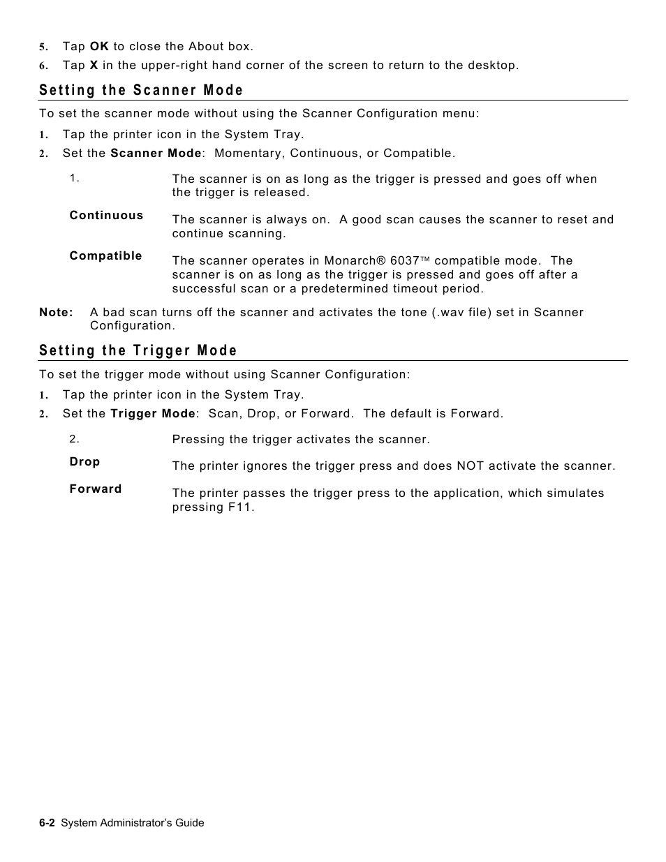Setting the scanner mode, Continuous, Compatible | Setting the trigger mode, Drop, Forward, Setting the scanner mode -2, Setting the trigger mode -2 | Avery Dennison Platinum 6039 System Administrator Guide User Manual | Page 44 / 48