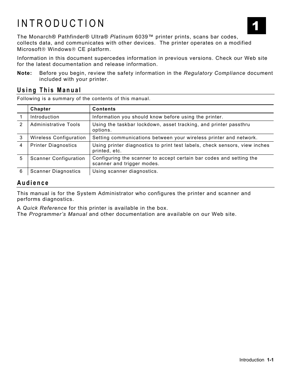 Introduction, Using this manual, Audience | Introduction -1, Using this manual -1, Audience -1 | Avery Dennison Platinum 6039 System Administrator Guide User Manual | Page 5 / 48