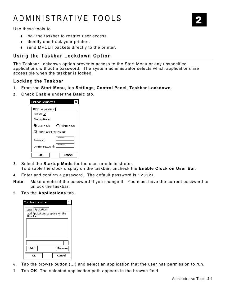 Administrative tools, Using the taskbar lockdown option, Locking the taskbar | Administrative tools -1, Using the taskbar lockdown option -1, Locking the taskbar -1 | Avery Dennison Platinum 6039 System Administrator Guide User Manual | Page 7 / 48
