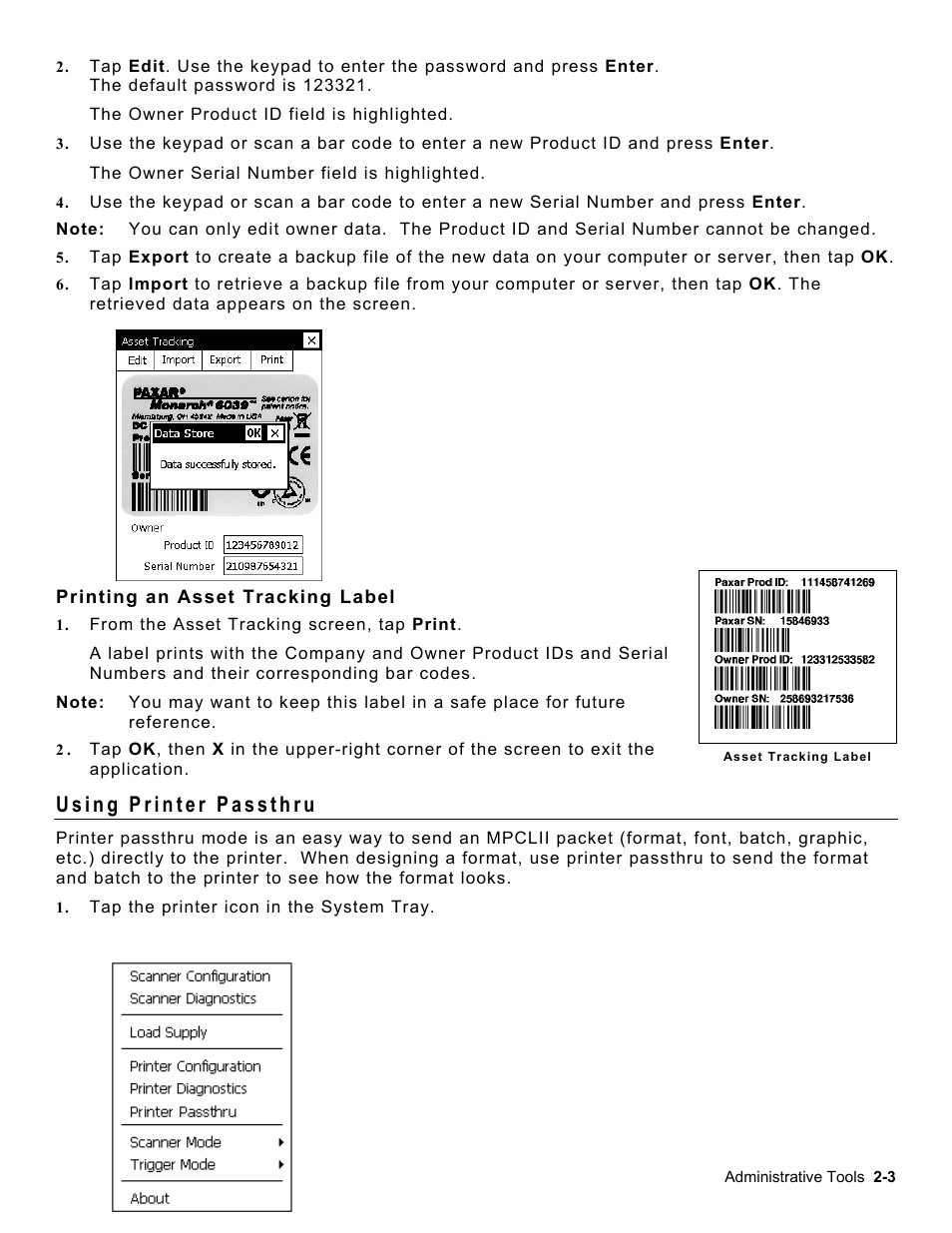 Printing an asset tracking label, Using printer passthru, Printing an asset tracking label -3 | Using printer passthru -3 | Avery Dennison Platinum 6039 System Administrator Guide User Manual | Page 9 / 48