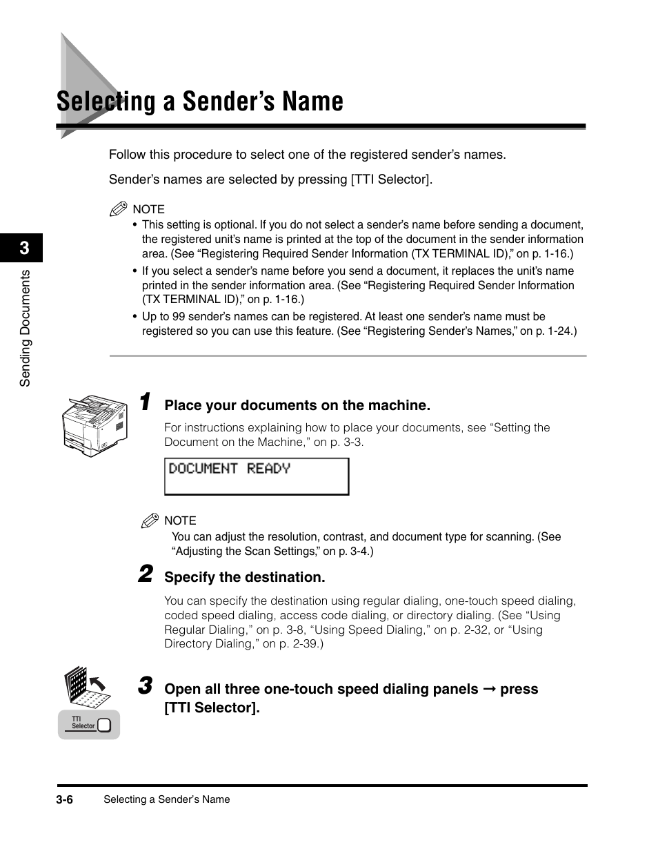 Selecting a sender’s name, Selecting a sender’s name -6, See “selecting a | Sender’s name,” on p. 3-6.) | Canon 700 Series User Manual | Page 103 / 365