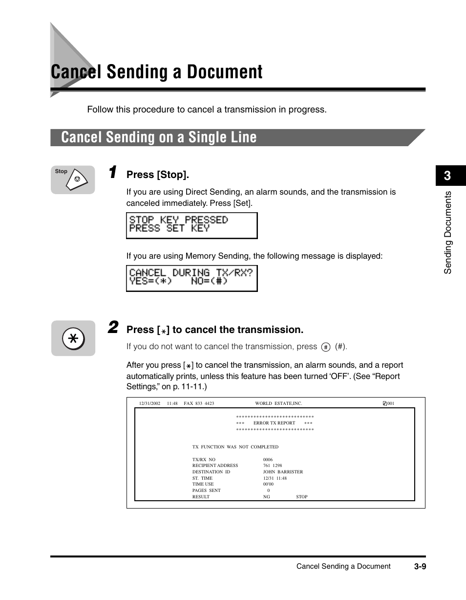 Cancel sending a document, Cancel sending on a single line, Cancel sending a document -9 | Cancel sending on a single line -9, Press [stop, Press [ ] to cancel the transmission, Sending documents | Canon 700 Series User Manual | Page 106 / 365