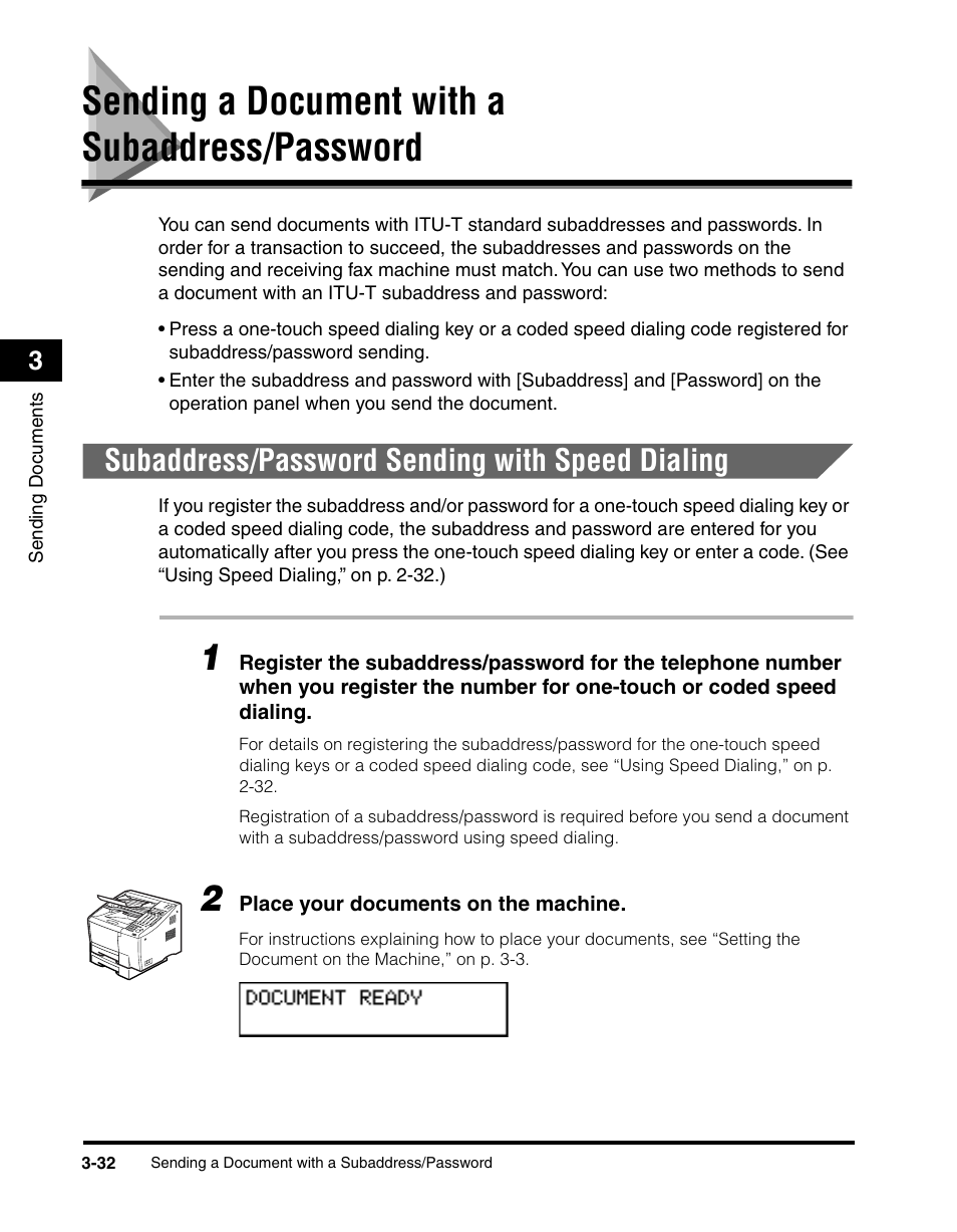 Sending a document with a subaddress/password, Subaddress/password sending with speed dialing, Sending a document with a subaddress/password -32 | Subaddress/password sending with speed dialing -32, Ord on p.3-32, P.3-32 | Canon 700 Series User Manual | Page 129 / 365