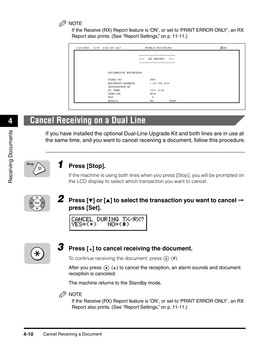 Cancel receiving on a dual line, Cancel receiving on a dual line -10, Press [stop | Press, Press [ ] to cancel receiving the document | Canon 700 Series User Manual | Page 143 / 365