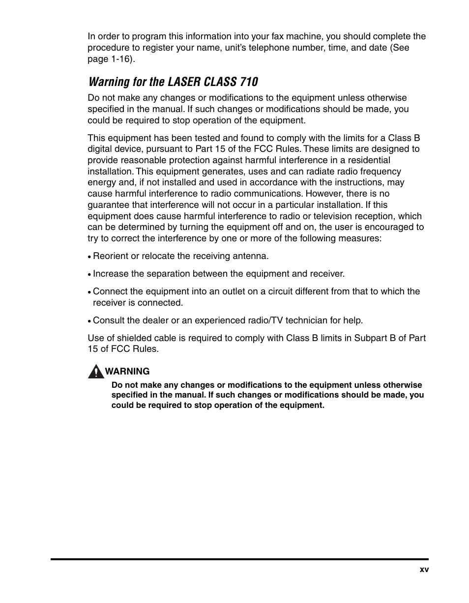 Warning for the laser class 710 | Canon 700 Series User Manual | Page 16 / 365