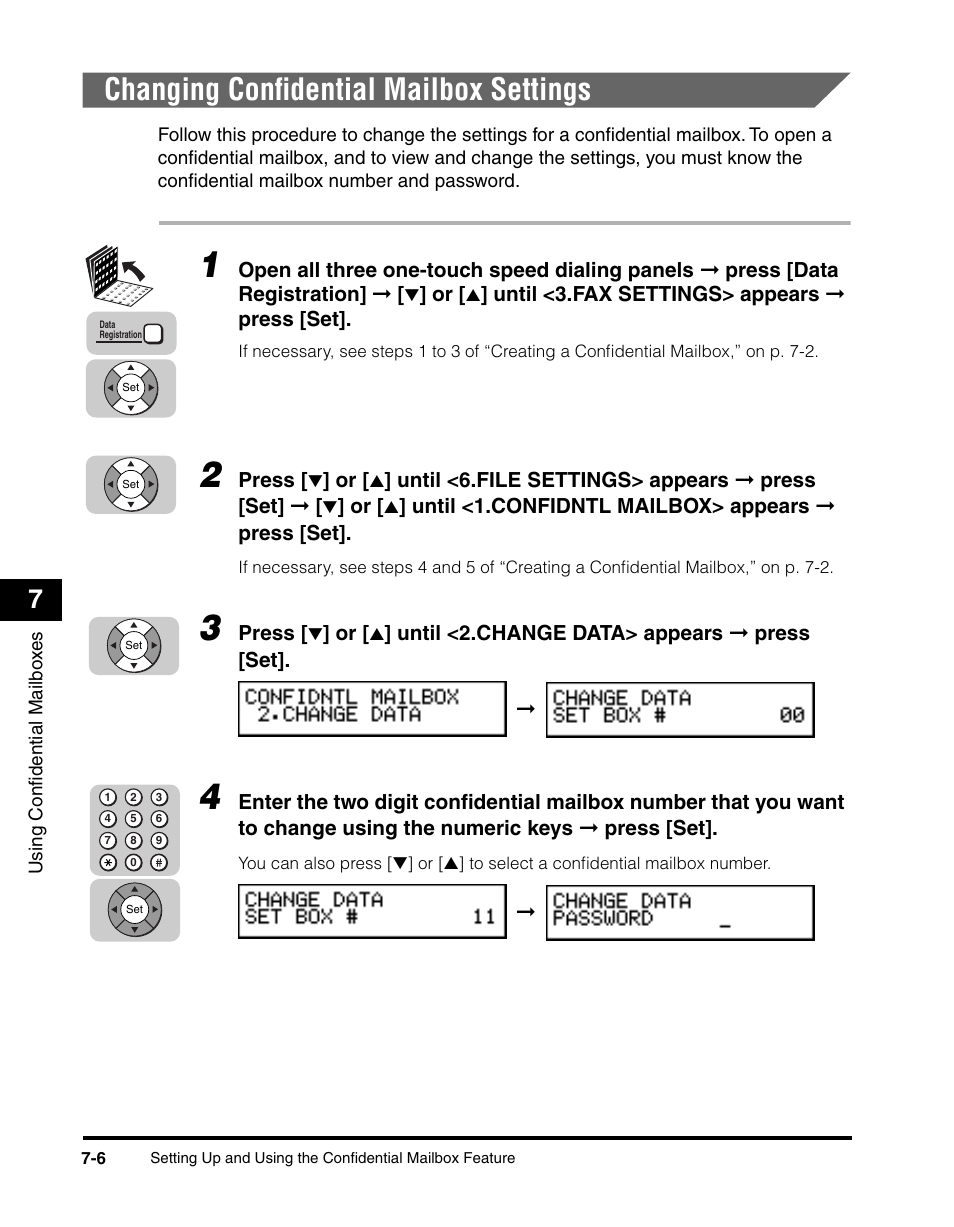 Changing confidential mailbox settings, Changing confidential mailbox settings -6 | Canon 700 Series User Manual | Page 173 / 365