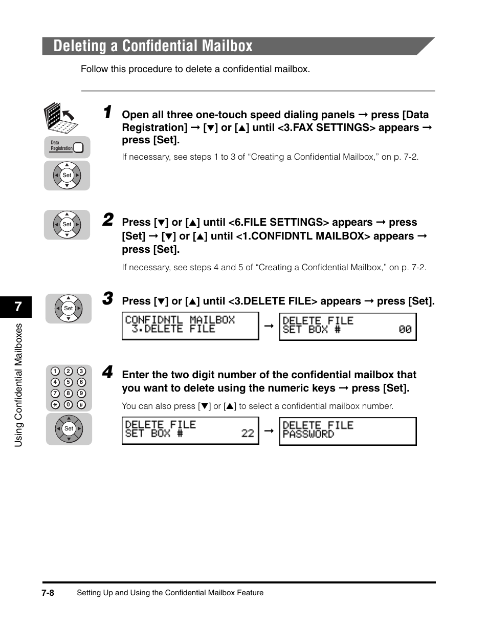 Deleting a confidential mailbox, Deleting a confidential mailbox -8 | Canon 700 Series User Manual | Page 175 / 365