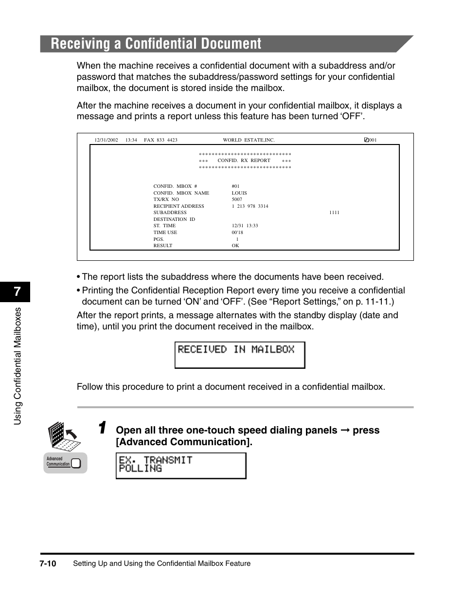 Receiving a confidential document, Receiving a confidential document -10, Using confidential mailbo x e s | Canon 700 Series User Manual | Page 177 / 365