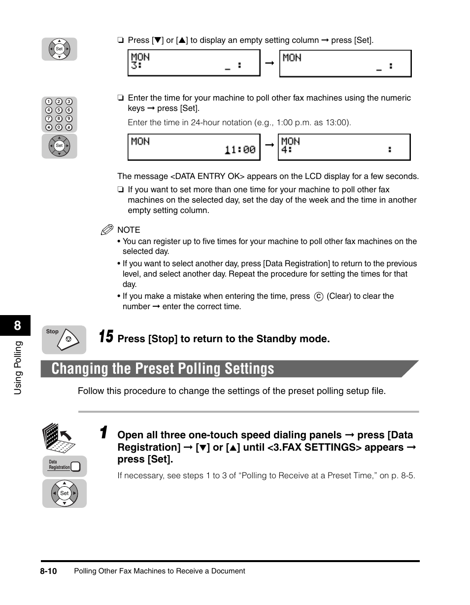 Changing the preset polling settings, Changing the preset polling settings -10, Press [stop] to return to the standby mode | Until <3.fax settings> appears ➞ press [set | Canon 700 Series User Manual | Page 193 / 365