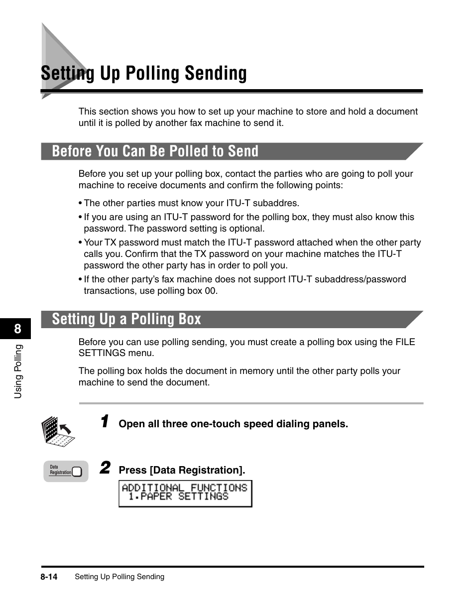 Setting up polling sending, Before you can be polled to send, Setting up a polling box | Setting up polling sending -14 | Canon 700 Series User Manual | Page 197 / 365