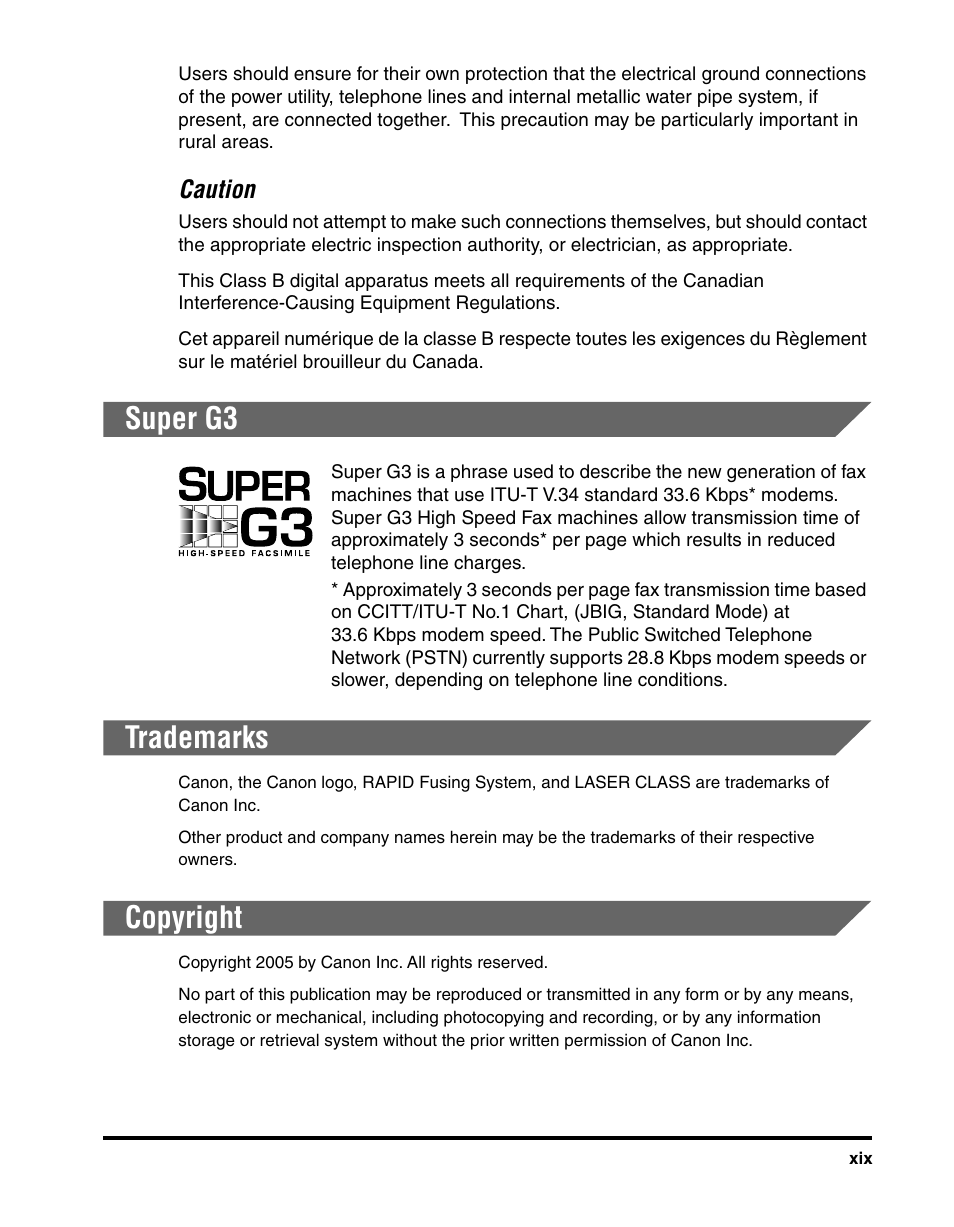 Super g3, Trademarks, Copyright | Super g3 trademarks, Caution | Canon 700 Series User Manual | Page 20 / 365