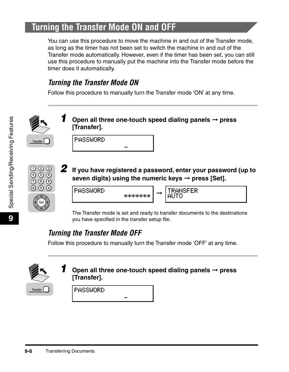 Turning the transfer mode on and off, Turning the transfer mode on and off -6, Turning the transfer mode on | Turning the transfer mode off | Canon 700 Series User Manual | Page 211 / 365