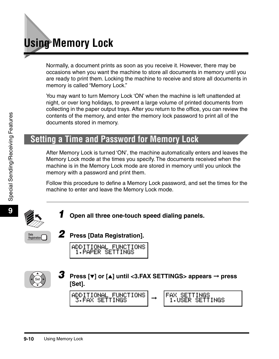 Using memory lock, Setting a time and password for memory lock, Using memory lock -10 | Setting a time and password for memory lock -10 | Canon 700 Series User Manual | Page 215 / 365