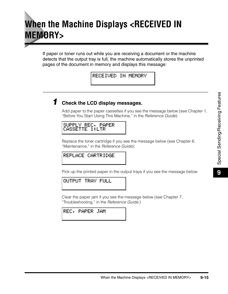 When the machine displays <received in memory, When the machine displays <received in memory> -15 | Canon 700 Series User Manual | Page 220 / 365