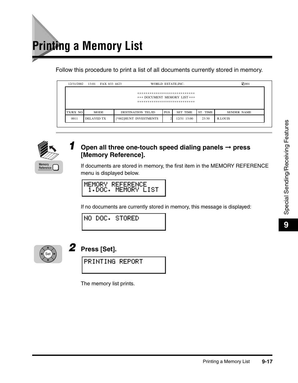 Printing a memory list, Printing a memory list -17, Press [set | Canon 700 Series User Manual | Page 222 / 365