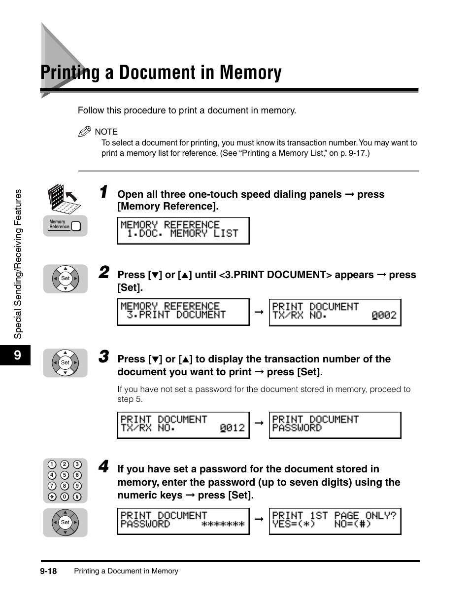 Printing a document in memory, Printing a document in memory -18 | Canon 700 Series User Manual | Page 223 / 365