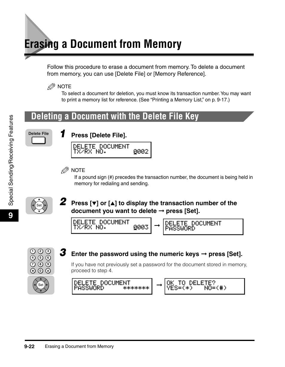 Erasing a document from memory, Deleting a document with the delete file key, Erasing a document from memory -22 | Deleting a document with the delete file key -22 | Canon 700 Series User Manual | Page 227 / 365