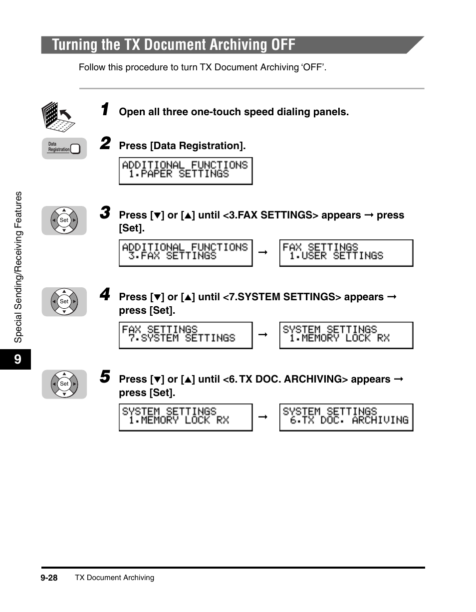 Turning the tx document archiving off, Turning the tx document archiving off -28 | Canon 700 Series User Manual | Page 233 / 365