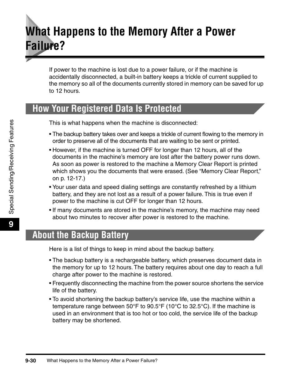 What happens to the memory after a power failure, How your registered data is protected, About the backup battery | Canon 700 Series User Manual | Page 235 / 365