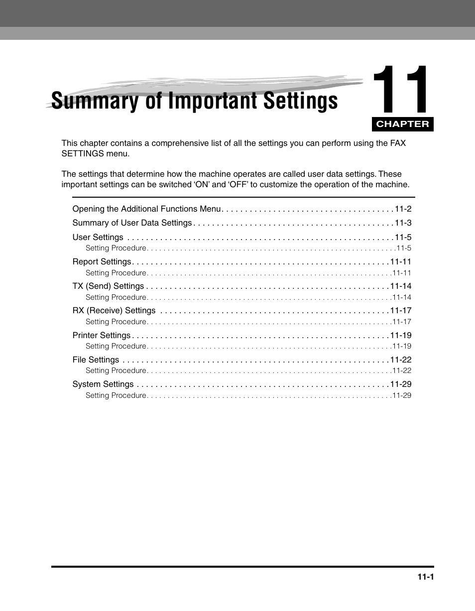 Summary of important settings, Chapter 11 summary of important settings | Canon 700 Series User Manual | Page 264 / 365