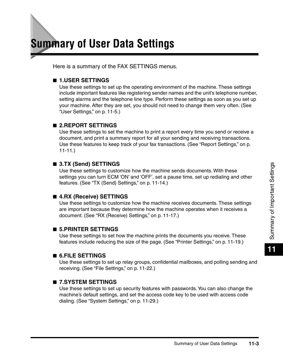 Summary of user data settings, Summary of user data settings -3 | Canon 700 Series User Manual | Page 266 / 365