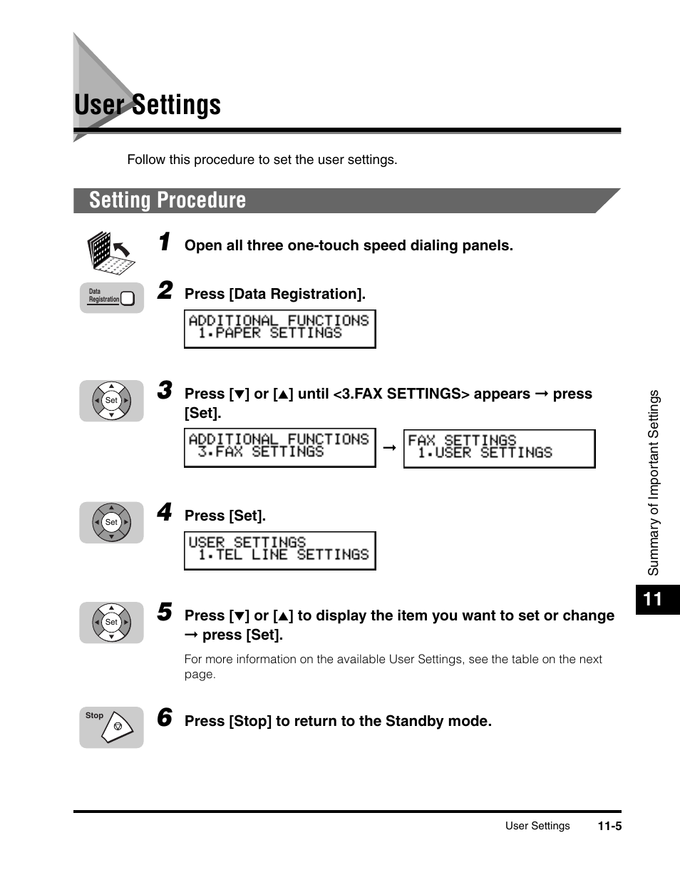 User settings, Setting procedure, User settings -5 | Setting procedure -5, See “user settings,” on p. 11-5.) | Canon 700 Series User Manual | Page 268 / 365