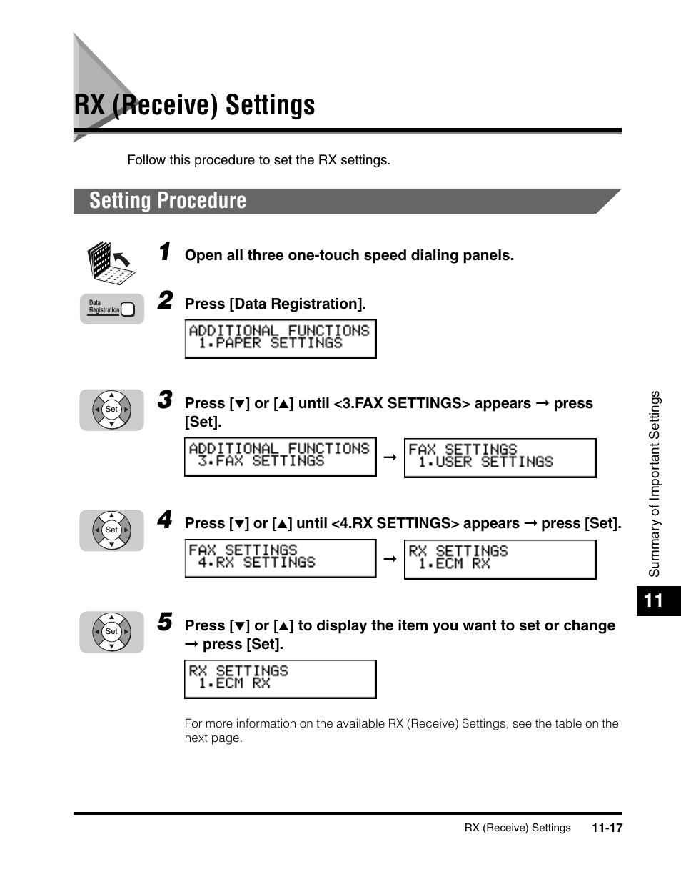 Rx (receive) settings, Setting procedure, Rx (receive) settings -17 | Setting procedure -17, E) settings,” on p. 11-17.), See “rx (receive) settings,” on p. 11-17.) | Canon 700 Series User Manual | Page 280 / 365