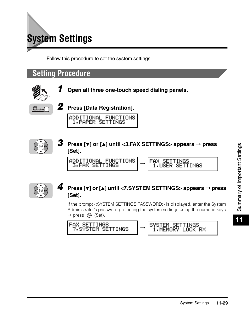 System settings, Setting procedure, System settings -29 | Setting procedure -29, See “system settings,” on p. 11-29.) | Canon 700 Series User Manual | Page 292 / 365