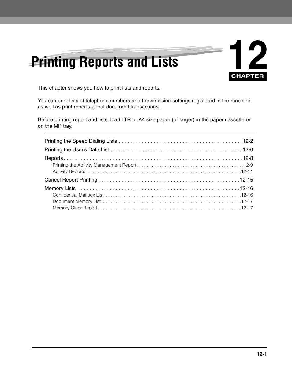 Printing reports and lists, Chapter 12 printing reports and lists | Canon 700 Series User Manual | Page 298 / 365