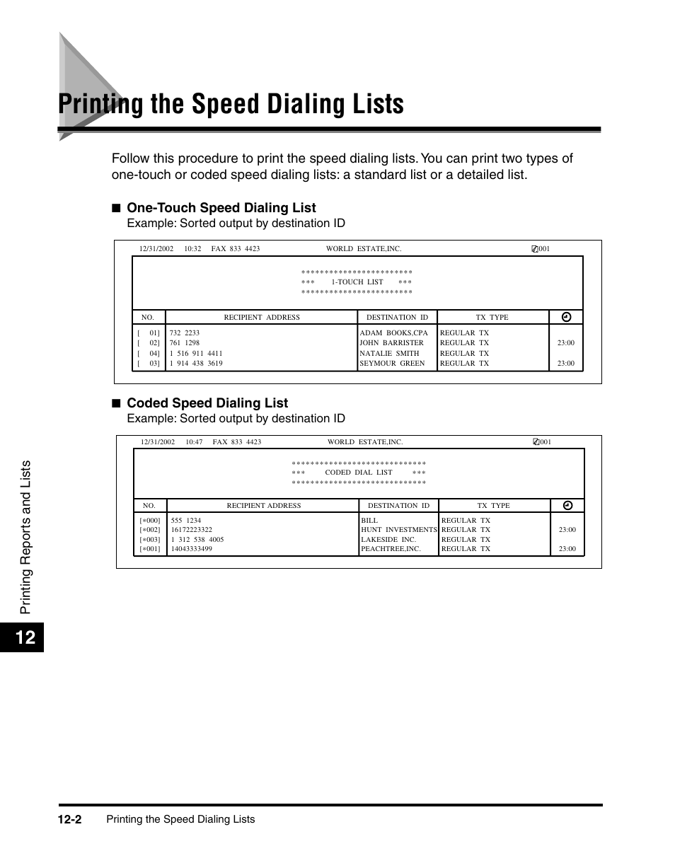 Printing the speed dialing lists, Printing the speed dialing lists -2, Pr inting repor ts and lists | One-touch speed dialing list, Coded speed dialing list, Example: sorted output by destination id | Canon 700 Series User Manual | Page 299 / 365