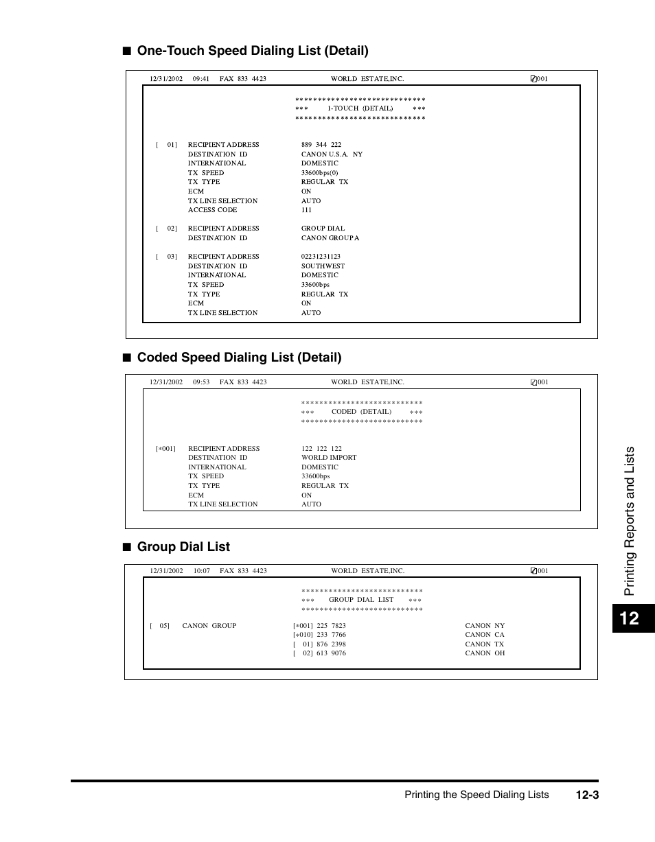 Pr inting repor ts and lists, One-touch speed dialing list (detail), Coded speed dialing list (detail) | Group dial list, Printing the speed dialing lists | Canon 700 Series User Manual | Page 300 / 365