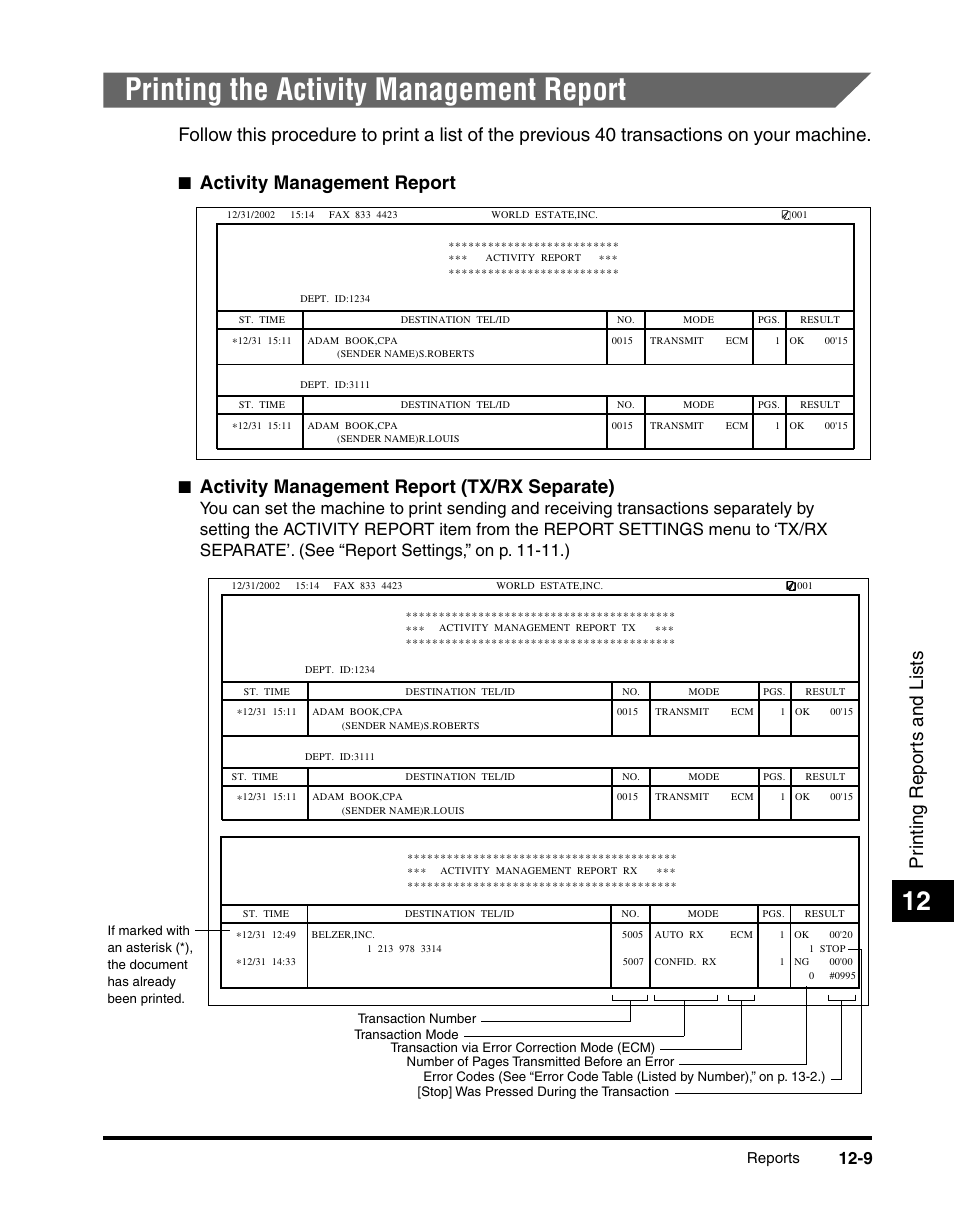 Printing the activity management report, Printing the activity management report -9, Pr inting repor ts and lists | Activity management report, Activity management report (tx/rx separate), Reports | Canon 700 Series User Manual | Page 306 / 365